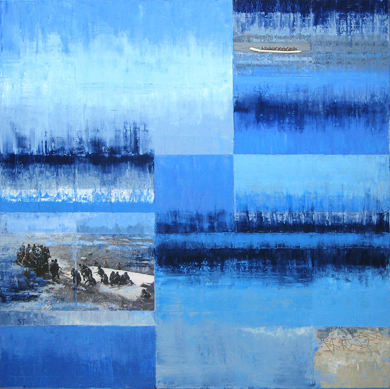 FLUCHT III, Übers Mittelmeer, Öl und Collage auf Leinwand, 80×80, 2015